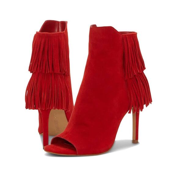 NEW Vince Camuto Amenala Bright Red Faux Suede Western Fringe Peep Toe Bootie - Picture 1 of 14